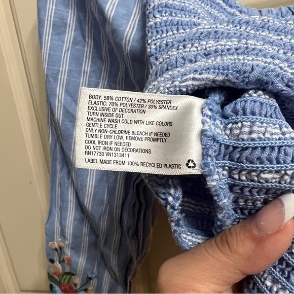 Xhilaration Striped Embroidered Smocked Square Neck Puff Sleeve Crop Top Shirt - Picture 9 of 11